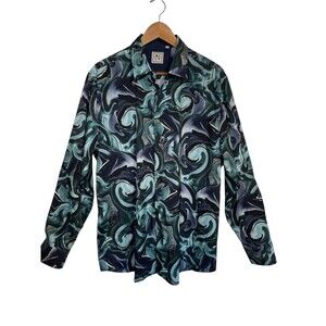 DE NIKO Mens XL Blue Silver Metallic Baroque Print Dress Shirt Fancy Church